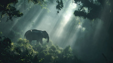 An awe-inspiring scene of an elephant emerging from a misty forest, illuminated by gentle sunlight beams filtering through lush greenery, capturing the essence of nature's beauty.の素材