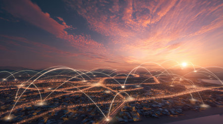 A stunning aerial view of a city at sunset, showcasing vibrant colors and illuminated streets, with lines representing network connections overlaying the scene.の素材