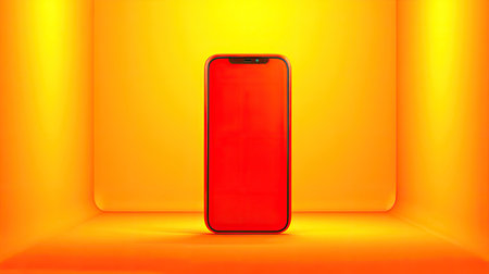 A sleek smartphone features a vibrant red screen, set against a bold yellow background, showcasing modern technology in a minimalist aesthetic perfect for creative projects.の素材