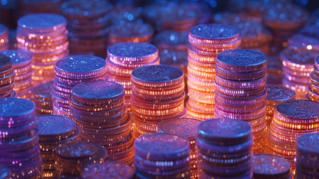 A captivating close-up image featuring an array of stacked coins illuminated by vibrant blue and purple lights. Perfect for financial and artistic concepts.の素材