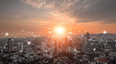 A stunning aerial view of an urban skyline at sunset, featuring a digital connection overlay that symbolizes technological innovation and connectivity in a modern city.の素材