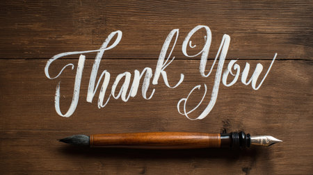 This stunning image features an elegant handwritten "Thank You" message on a rustic wooden surface, showcasing artistry and appreciation. Perfect for expressing gratitude.の素材