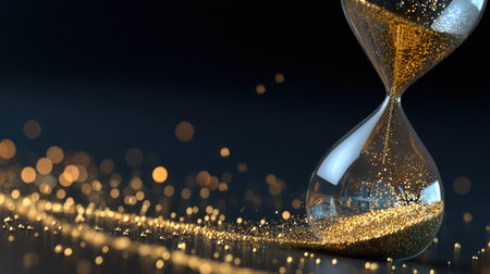 This striking image features a golden hourglass filled with sparkling sand, set against a blurred background of lights. It symbolizes the passage of time and elegance.の素材
