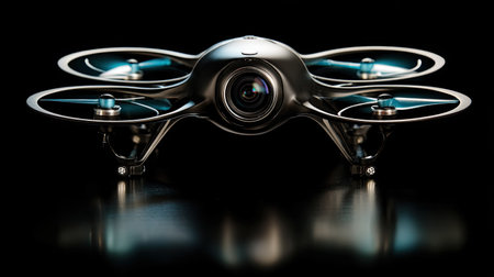 A sleek and modern drone equipped with a camera, captured under studio lighting. This image highlights the innovative design and high-tech features of aerial devices.の素材