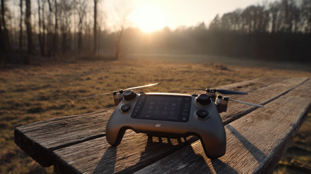 A drone controller rests on a rustic wooden table during sunrise, surrounded by a tranquil natural landscape, highlighting technology and adventure.の素材