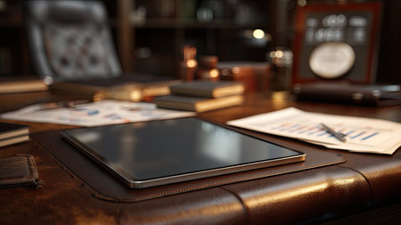A sophisticated office desk featuring a sleek tablet, financial documents, and organized supplies. The scene reflects productivity, professionalism, and modern aesthetics.の素材