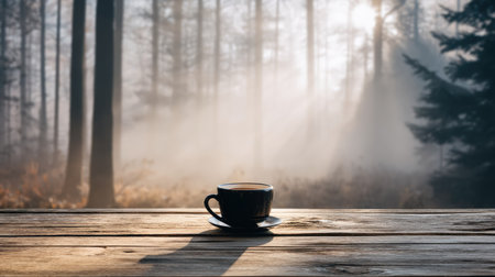 A tranquil coffee cup sits on a rustic table in a foggy forest, capturing the essence of calm and serenity in nature. Perfect for morning relaxation moments.の素材