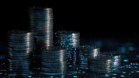 A collection of coin stacks is placed against a digital background, symbolizing the intersection of finance and technology. This image conveys themes of investment and modern economic trends.の素材