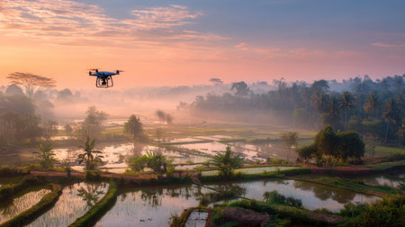 A serene sunrise illuminates lush rice fields as a drone captures stunning aerial views. The misty landscape showcases nature's beauty and tranquility.の素材