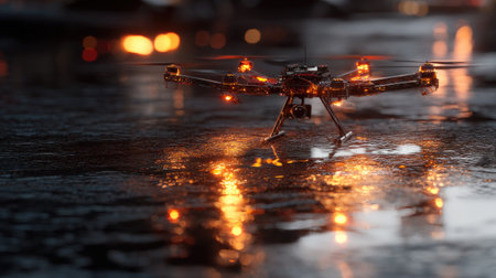 Modern drone illuminated with bright lights rests on a wet surface at night. The reflection creates a captivating atmosphere, showcasing advanced technology in action.の素材