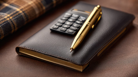A sophisticated arrangement featuring a leather notebook, a calculator, and a golden pen, perfect for conveying professionalism and elegance in a workspace.の素材