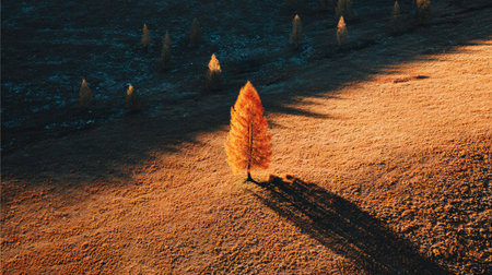 A stunning image of a single golden tree standing tall in an autumn landscape. The warm hues of sunset cast long shadows across the field, creating a serene atmosphere.の素材