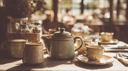 A cozy tea set displayed on a rustic table bathed in soft sunlight, perfect for creating a warm and inviting cafe atmosphere that invites relaxation and enjoyment.の素材