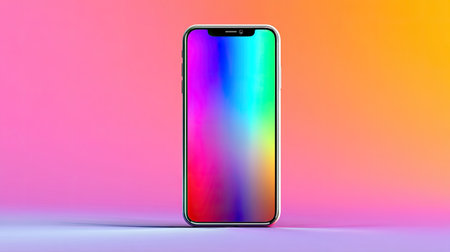 A sleek smartphone displayed against a colorful gradient background. The vibrant colors create a modern and artistic aesthetic, ideal for tech and design concepts.の素材