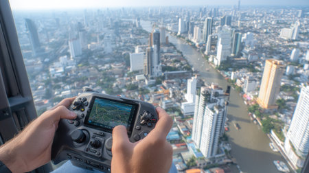 A gamer enjoys a thrilling video game while holding a controller. Below, a stunning urban landscape unfolds, showcasing a vibrant cityscape from a high-rise building.の素材