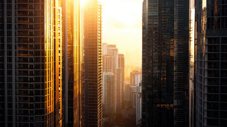 A stunning view of modern skyscrapers captured during golden hour. The warm sunlight reflects off tall buildings, creating a captivating urban landscape.の素材