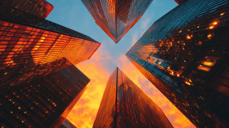A breathtaking view of towering skyscrapers reflecting a vibrant sunset, showcasing the interplay of light and structure in an urban landscape.の素材