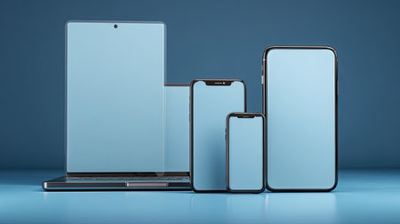 A collection of electronic devices featuring empty screens, set against a soothing blue background. Perfect for showcasing technology concepts and designs.の素材