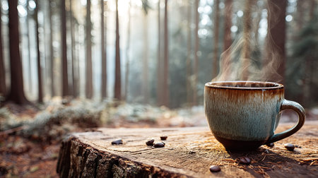 A steaming mug of coffee sits on a wooden table in a tranquil forest, surrounded by tall trees and soft morning light, creating a serene and cozy atmosphere.の素材