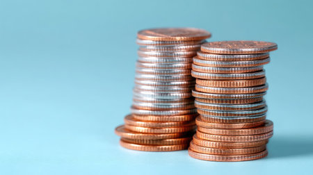 This image features stacks of shiny copper coins arranged on a soft blue background, highlighting themes of finance, savings, and wealth management.の素材
