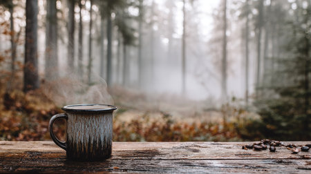A steaming mug of coffee sits on a rustic wooden table, surrounded by a foggy forest. This serene scene captures the essence of tranquility in nature.の素材