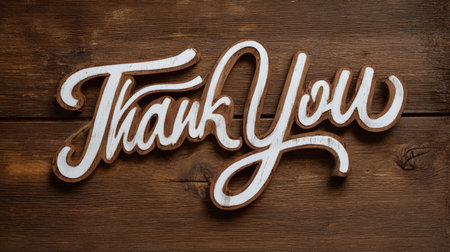 An elegant wooden sign displaying the words "Thank You" on a rustic wooden background, perfect for expressing gratitude in home or event decor.の素材