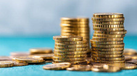 Close-up view of multiple stacks of gold coins resting on a turquoise surface. The image captures the essence of finance, wealth, and investment in a vibrant setting.の素材