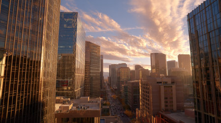 A stunning view of a city skyline featuring modern skyscrapers illuminated by a golden sunset. Clouds add drama to the evening sky, reflecting a vibrant atmosphere.の素材
