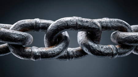 A detailed close-up image of a metallic chain link showcasing its texture and shine against a dark background, representing strength and durability in various industries.の素材