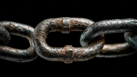 This close-up image showcases a rusty metal chain link against a dark background, highlighting texture and detail. Ideal for themes of strength and connection.の素材