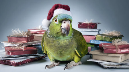 A vibrant green parrot dons a Santa hat, surrounded by beautifully wrapped gifts. This festive scene captures the joy and spirit of the holiday season, perfect for cheerful imagery.の素材