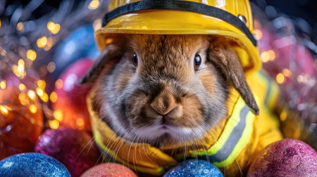 Adorable rabbit wearing a bright safety helmet and jacket surrounded by vibrant Easter eggs, creating a whimsical and festive atmosphere for spring celebrations.の素材