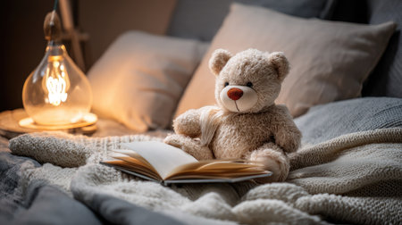 A cozy bedroom scene featuring a soft teddy bear sitting beside an open book on a warm blanket, illuminated by gentle lamp light, perfect for evoking feelings of comfort and nostalgia.の素材