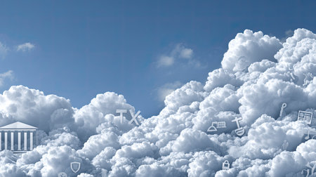 A beautiful sky filled with fluffy clouds, accented by digital icons representing various technology themes, perfect for conveying modern concepts and connectivity.の素材