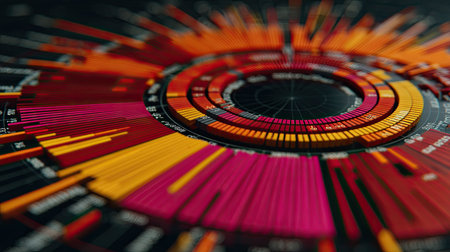Dynamic and colorful data visualization in a spiral design, showcasing various statistics and analytics. Ideal for illustrating modern technology concepts.の素材