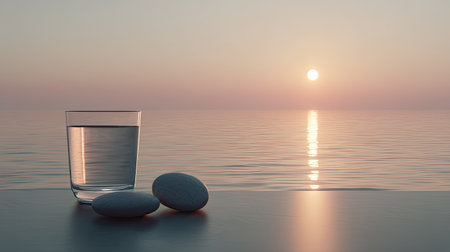 A tranquil scene featuring a glass of clear water beside smooth stones, with a stunning sunset reflecting on still waters, creating a serene atmosphere.の素材