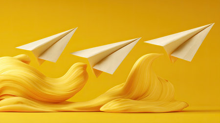 This captivating image features paper airplanes soaring over vibrant yellow waves, embodying creativity and motion in a playful, abstract design.の素材
