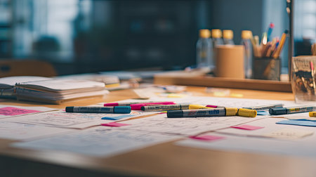 A vibrant creative workspace showcasing sketches, colorful markers, and organized stationery. Ideal for concepts related to design, planning, and artistic inspiration.の素材