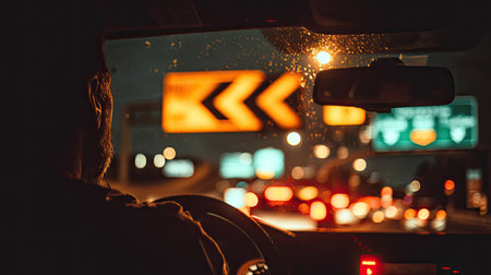 A captivating nighttime driving scene showing a driver from behind, illuminated traffic signs, and the vibrant glow of city lights reflecting a modern urban experience.の素材