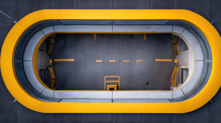 A striking overhead view of a curved architectural design featuring vibrant yellow shapes and contrasting surfaces, showcasing modern minimalism and creativity.の素材