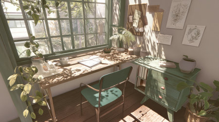 A bright and inviting home office featuring a wooden desk, green chair, and lush plants. Natural light filters through the window, creating a serene workspace.の素材