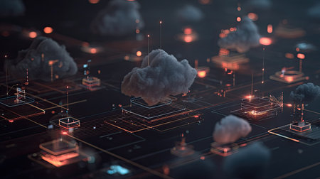 Explore a striking futuristic representation of cloud computing with abstract technology elements, showcasing how digital networks and data storage interact in a modern environment.の素材