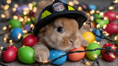 This adorable bunny wearing a firefighter hat poses amidst colorful Easter eggs and twinkling lights, creating a playful and festive atmosphere perfect for spring celebrations.の素材