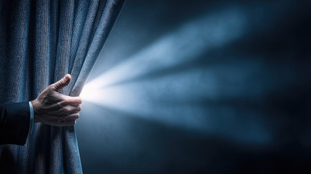 A hand gently pulls back a curtain, allowing a beam of light to pierce the darkness, creating a moment of intrigue and anticipation in a theatrical setting.の素材