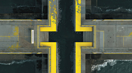 A captivating aerial view showcasing a modern urban dock with striking yellow markings, surrounded by flowing water. An intriguing geometric design invites contemplation.の素材