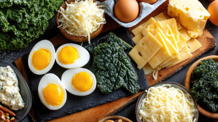 Discover a vibrant assortment of fresh ingredients featuring eggs, greens, and cheese, perfect for healthy cooking and meal preparation in any kitchen setting.の素材