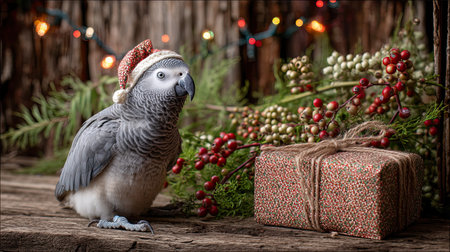 A charming grey parrot in a Santa hat sits beside a beautifully wrapped gift, surrounded by festive holiday decorations, evoking warmth and cheer.の素材