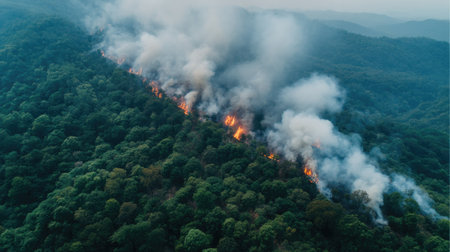 An aerial view presents a dramatic scene of a forest fire, with dense smoke swirling above lush greenery, capturing the urgent beauty and ecological impact of wildfire.の素材