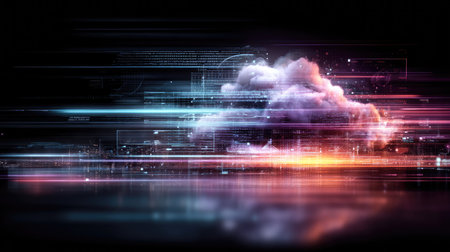 This abstract artwork features a vibrant cloud surrounded by dynamic light streaks and digital data elements, creating a futuristic atmosphere and visual excitement.の素材