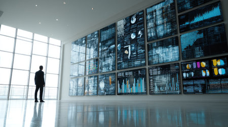 A business professional stands in a modern office, analyzing complex data visualizations on large digital display screens, exploring insights for strategic decisions.の素材